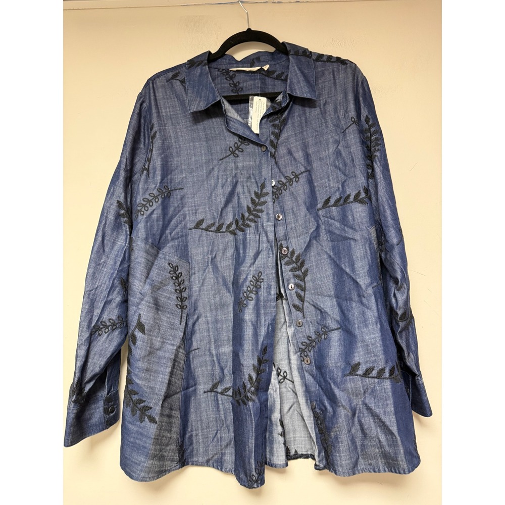 Soft Surroundings Denim‎ Embroidered Leaf Tunic Shirt 1X Long Sleeve Button Up